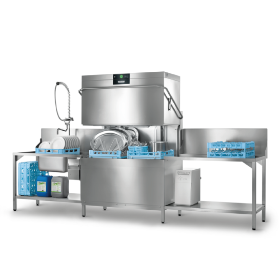 De Hobart AUPT is een dubbel korf vaatwasmachine. Hiermee kan je gemakkelijk 2 korven tegelijk afwassen